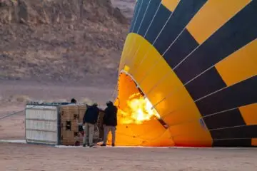 Hot-air balloon preparation for flying over Wadi Rum desert
