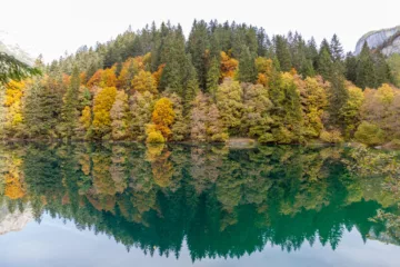 Vista autunnale del Lago di Tovel con riflessi d'acqua e alberi colorati, Val di Non, Trentino