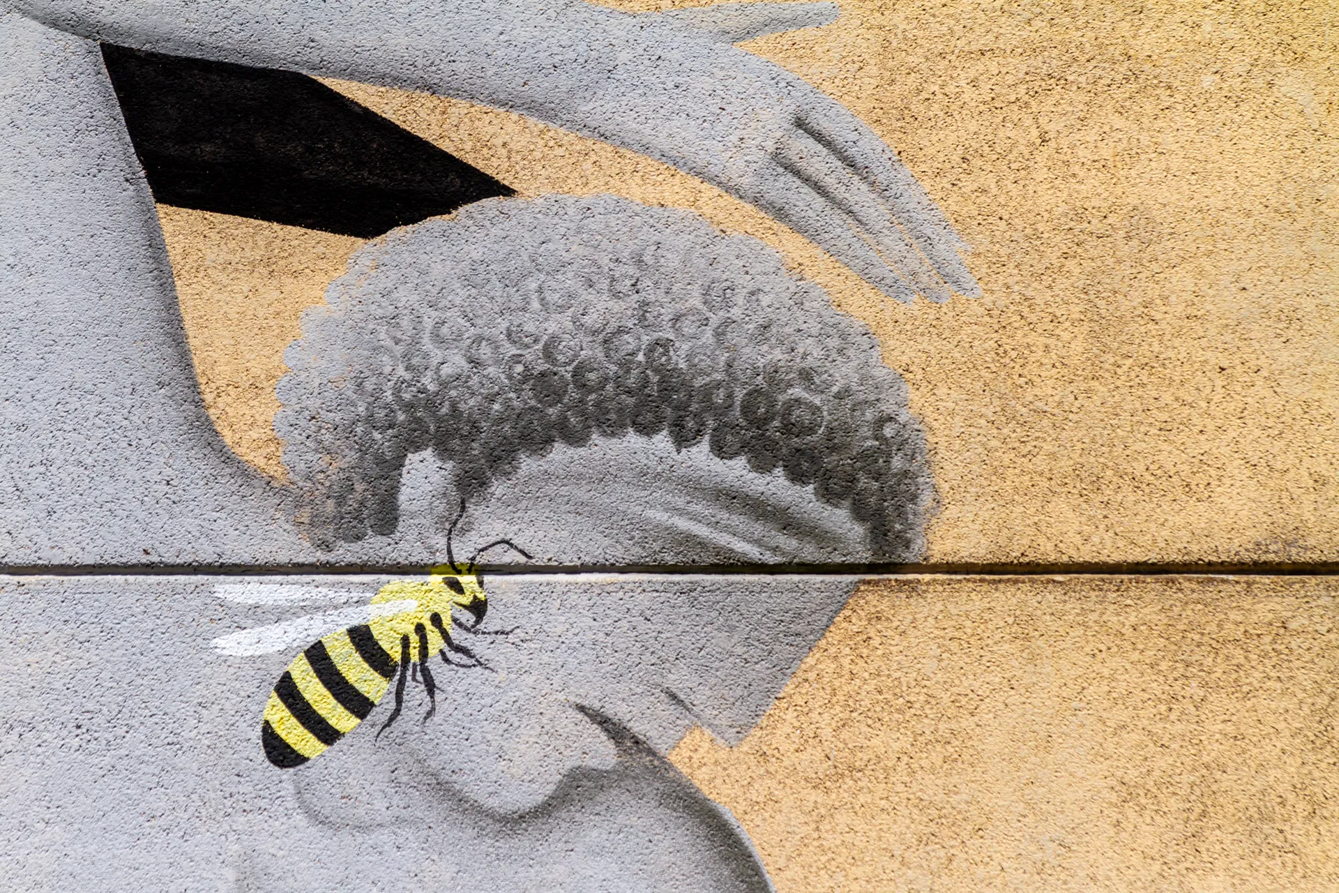 Murales con ape gialla e nera su un'opera astratta a Linz.