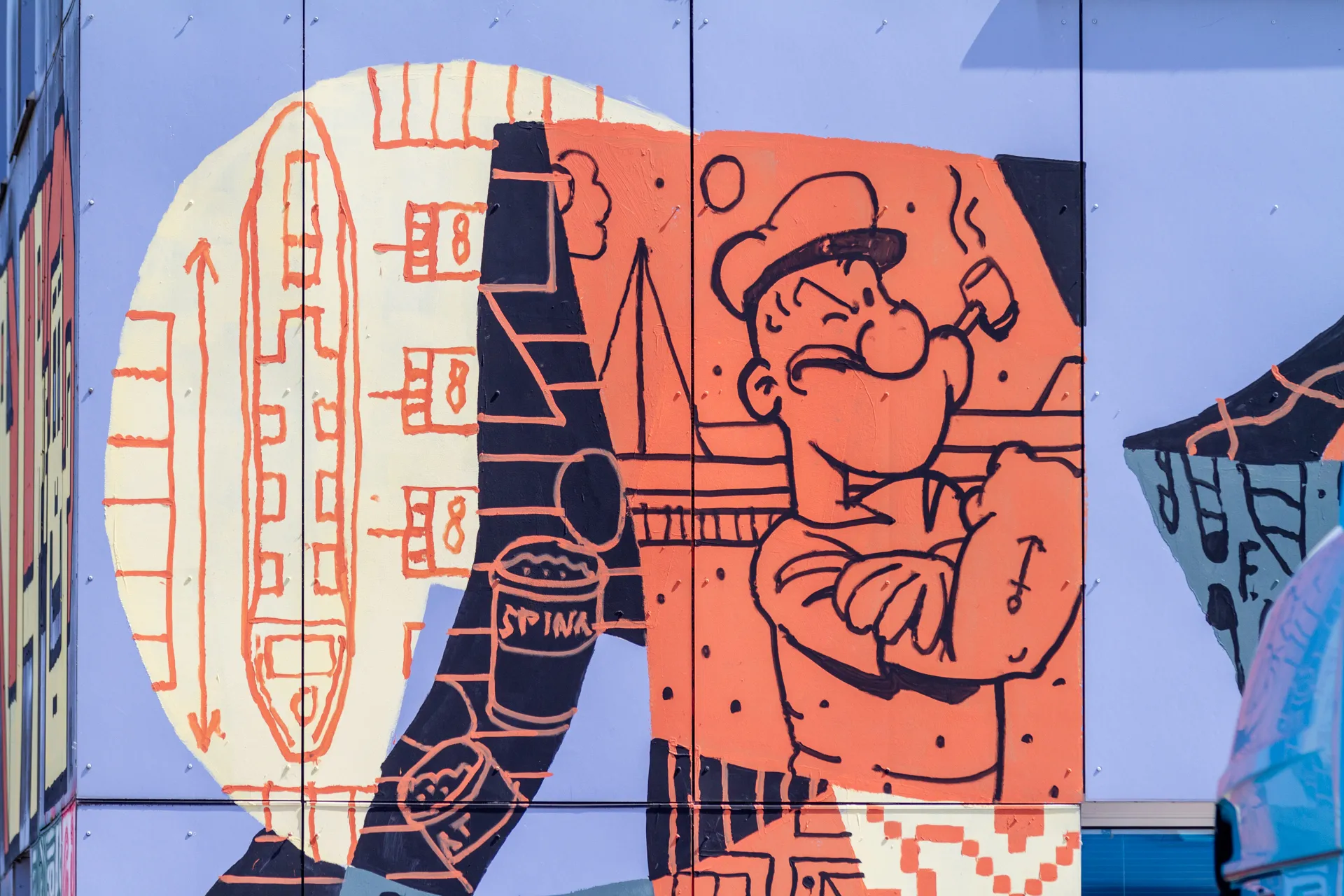 Murales monocromatico con figure umane su un edificio industriale a Linz.