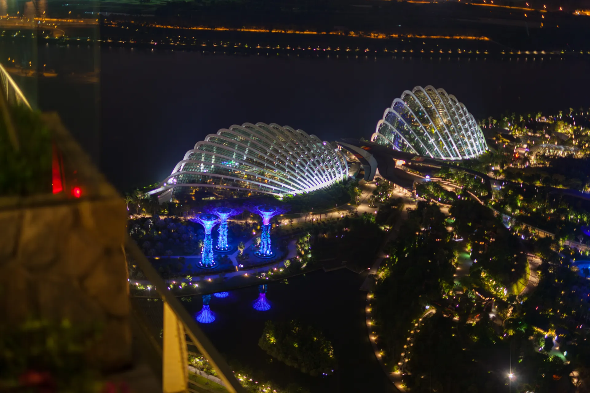 Vista notturna dei padiglioni Flower Dome e Cloud Forest illuminati a Gardens by the Bay Singapore