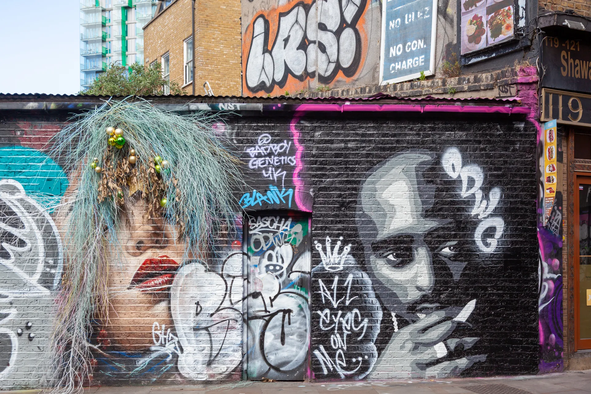 Quando l'arte urbana incontra la natura... e l'icona hip-hop. 119 Brick Lane, angolo Grimsby Street